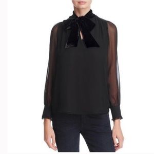 KATE SPADE Silk Black Blouse w/Velvet Black Collar & Tie. . Sheer sleeves. Lined